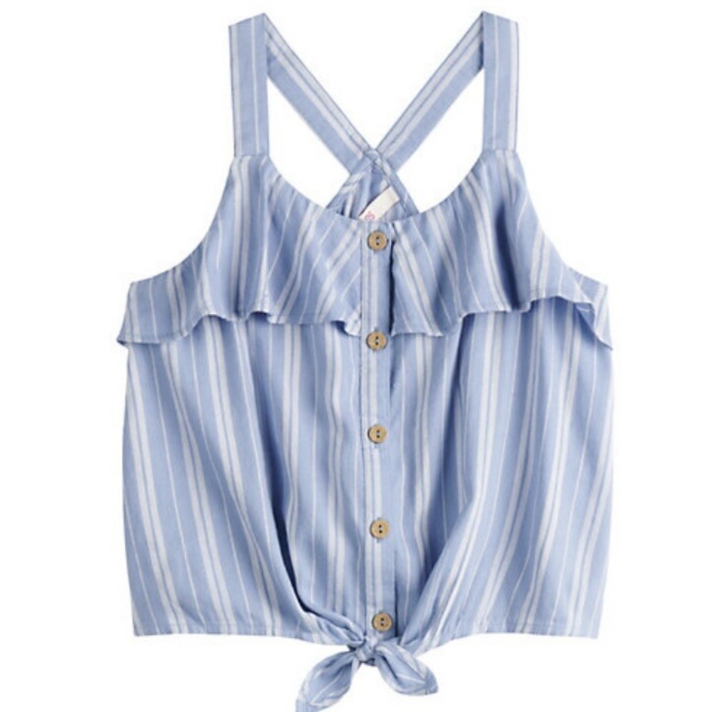 So Girls Button Front Tank Top 14 Plus New with Tags Blue Knotted Front Ruffle